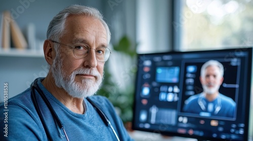 Thoughtful and Experienced Mature Caucasian Businessman Engaged in Virtual Video Conference or Online Meeting on Computer Screen