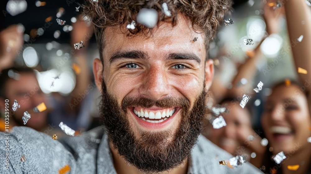 Cheerful smiling man with thick curly beard and festive expression celebrating enthusiastically at a party with colorful confetti flying around him Cheerful smiling man with thick curly beard and festive expression celebrating enthusiastically at a party with colorful confetti flying around him