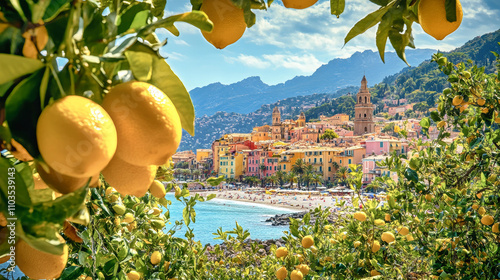 Breathtaking landscape of Menton with lemons in the foreground and the vibrant French Riviera in the distance