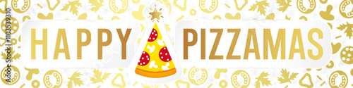 Chrismas decorative banner for pizzeria, cafe or  restaurant. Slice of pizza as a X mas tree, cute creative background with isolated golden elements of pizza and clipping mask. White paper backdrop.