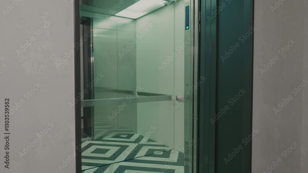 The elevator doors open. Opening the door is an elevator. Metal doors smoothly open and close. Silver new elevator on the 1st floor 4k video. The elevator doors open. Opening the door is an elevator. Metal doors smoothly open and close. Silver new elevator on the 1st floor 4k video.
