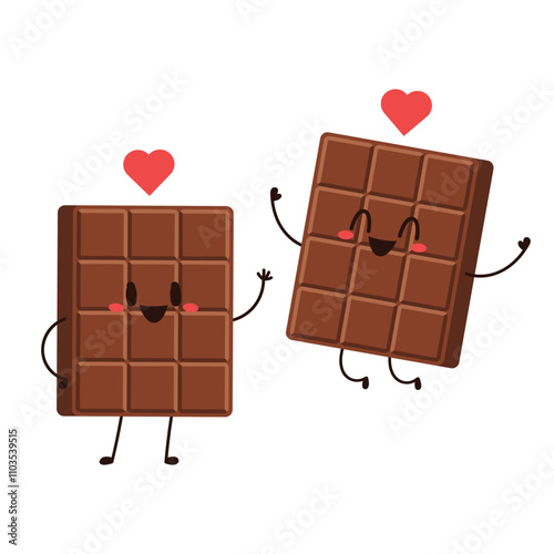 Cute and funny chocolate bar character. Chocolate mascot. Heart vector.