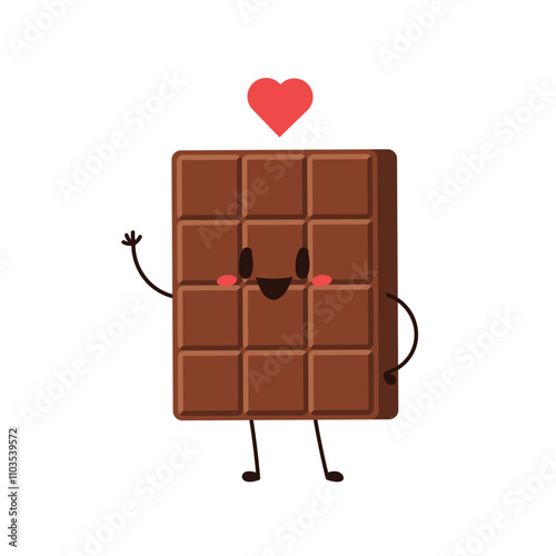 Cute and funny chocolate bar character. Chocolate mascot. Heart vector.