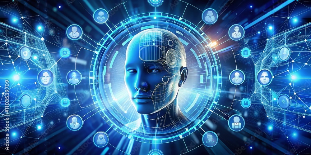 Obraz premium Dynamic Blue Digital Robot Head Logo with Rotating AI Icons on Abstract Background for Machine Learning and Chatbot Technology Vertical Video Concept