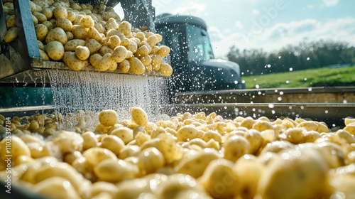 Close-up view of freshly washed yellow potatoes being processed in a factory on a sunny day with a green farm field backdrop photo