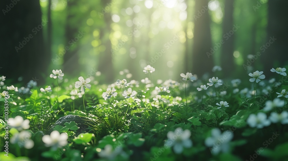 A Serene Forest Meadow Filled with Delicate White Flowers, Bathed in Sunlight A Serene Forest Meadow Filled with Delicate White Flowers, Bathed in Sunlight