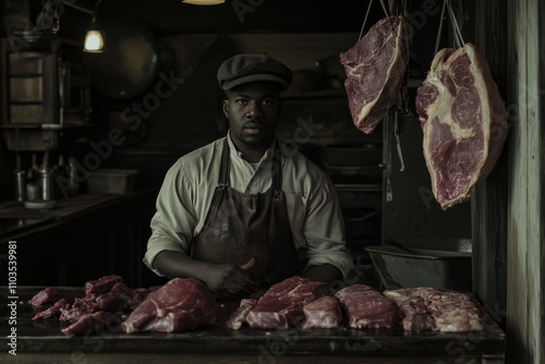 African American traditional butcher posing in his business  photo