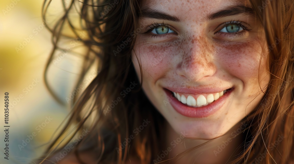 A young woman with freckles and bright green eyes smiles radiantly. A young woman with freckles and bright green eyes smiles radiantly.