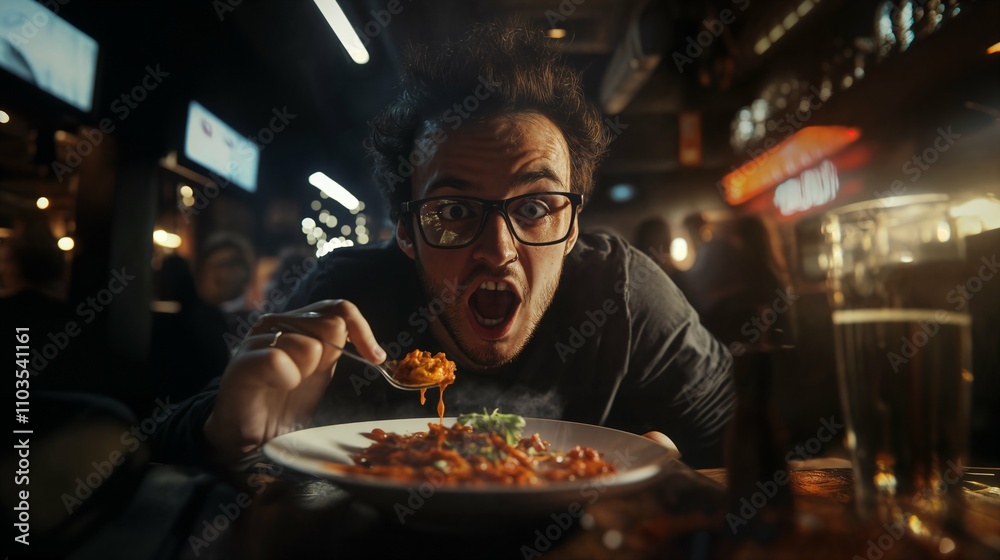 Homme surpris par un hoquet en mangeant un repas épicé dans un bar animé Homme surpris par un hoquet en mangeant un repas épicé dans un bar animé