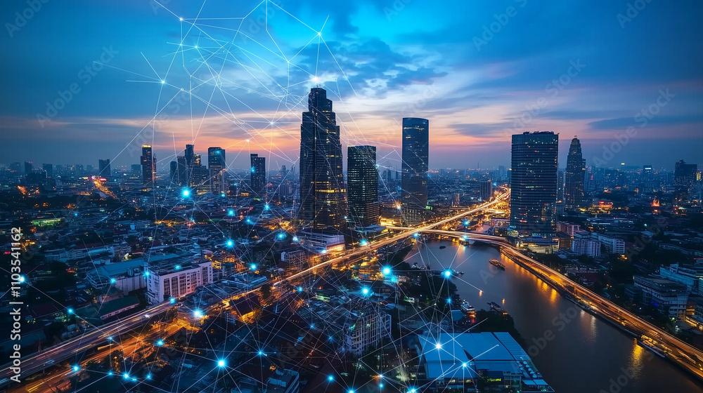 Fototapeta premium Smart City Digitalization Featuring Wireless Networks in Bangkok with an Abstract Background of Technological Advancements