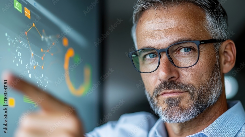 Serious Focused Businessman with Beard and Glasses Deeply Contemplating Corporate Strategy Business Solutions and Leadership Challenges in Modern Office Environment Serious Focused Businessman with Beard and Glasses Deeply Contemplating Corporate Strategy Business Solutions and Leadership Challenges in Modern Office Environment