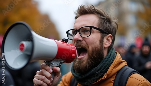 Passionate man with a beard shouting into a megaphone during a protest in an urban setting