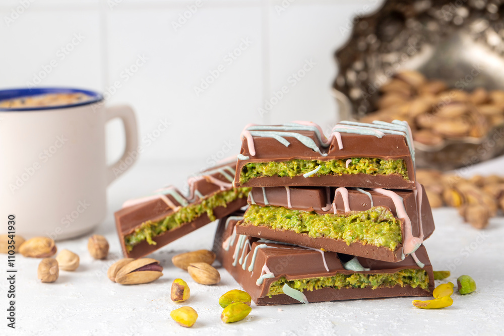 Trend Dubai chocolate with pistachio paste and kataifi dough.
