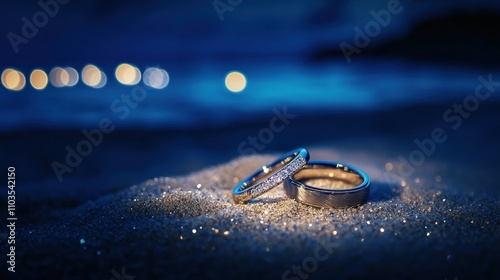 Two wedding rings on a sandy beach at night, illuminated softly.