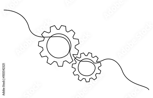 Continuous one line drawing of Setting icon isolated on white background outline vector illustration, Continuous one line drawing of machine gear. One line drawing illustration of gear wheel.