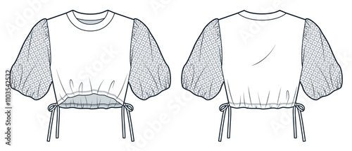 Balloon Sleeve Crop Top fashion flat technical drawing template, embroidery pattern. T Shirt with poplin sleeves technical fashion illustration, drawstring, front, back view, white, women CAD mockup.