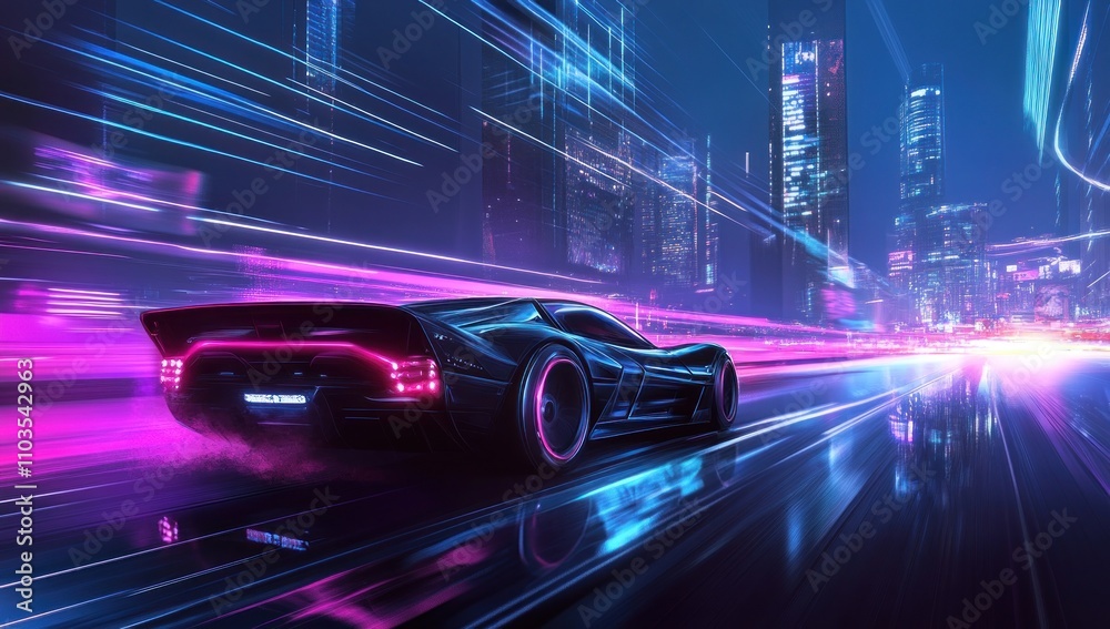 Futuristic Car Speeding Through Neon City Futuristic Car Speeding Through Neon City