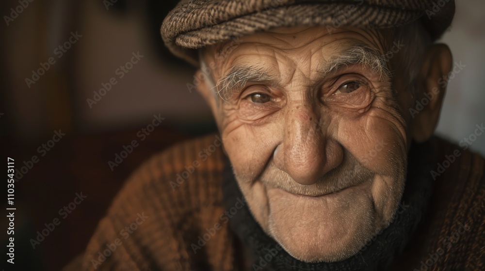 A close-up portrait of an elderly man, wearing a cap and looking at the camera with a warm smile. A close-up portrait of an elderly man, wearing a cap and looking at the camera with a warm smile.