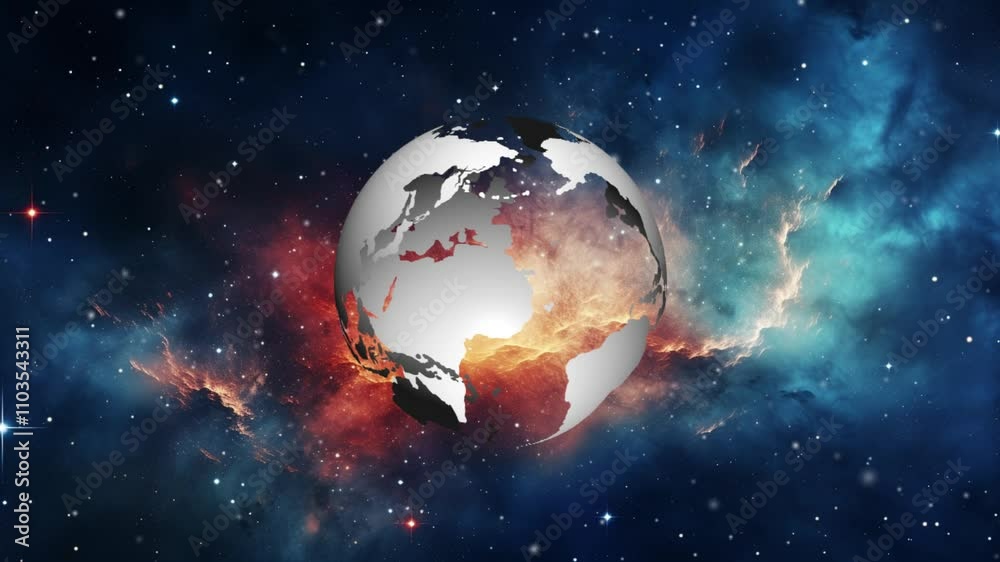 The vedio depicts a digital representation of Earth,  glowing with vibrant blue lines against a backdrop of geometric shapes. This futuristic globe symbolizes the interconnectedness and technological