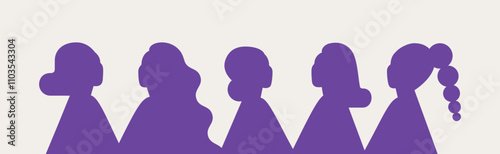 Purple female silhouettes in simple shapes for International Women's Day. Feminist and girl power illustration for march 8. Vector horizontal banner
