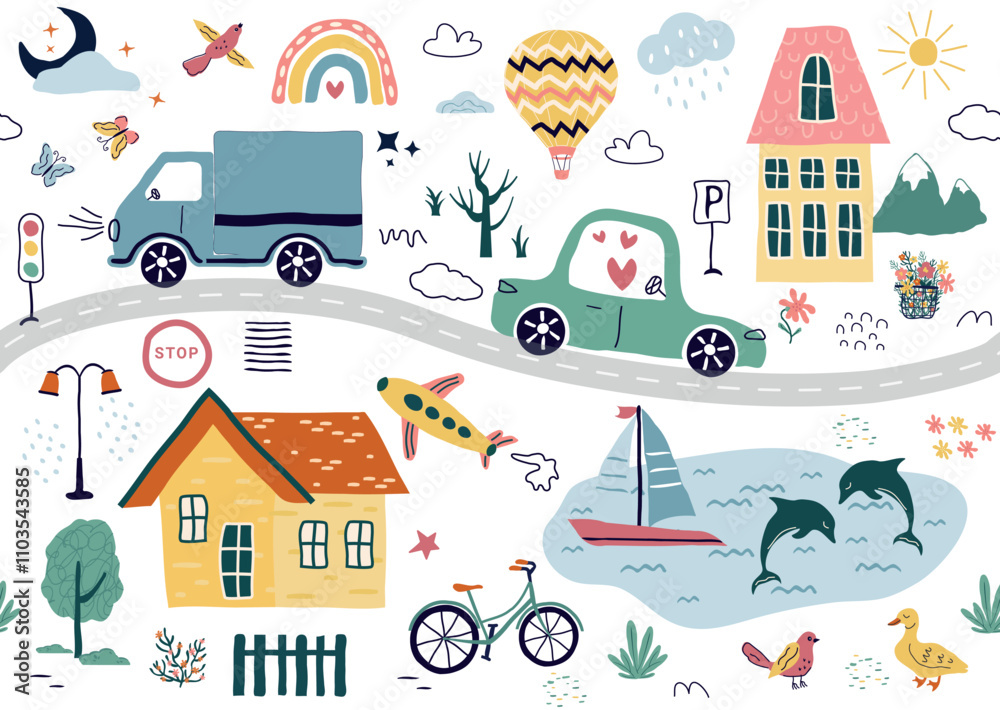 Obraz premium a modern seamless pattern,with hand drawn cars, signs, road, a tree. A cartoon element isolated on a white background. for print, children, paper, print. vector illustration in the style of trend art