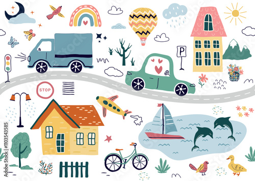 a modern seamless pattern,with hand drawn cars, signs, road,  a tree. A cartoon element isolated on a white background. for print, children, paper, print. vector illustration in the style of trend art