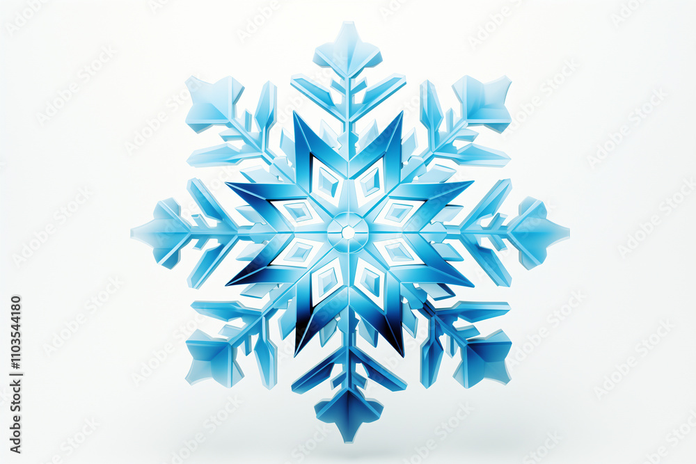 A single geometric snowflake in icy blue tones, clean white background, minimal details. A single geometric snowflake in icy blue tones, clean white background, minimal details.