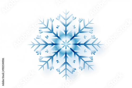 A single geometric snowflake in icy blue tones, centered on a pure white background.