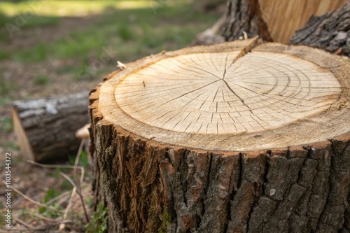 Close-up view of a freshly cut tree stump, showing the concentric rings and rough bark texture in a natural outdoor setting