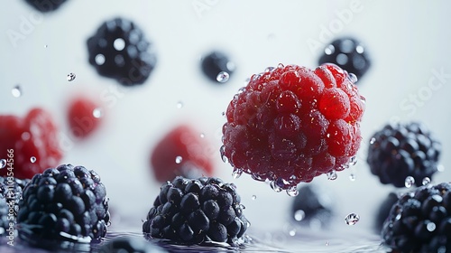 Fresh Raspberries and Blackberries Splashing in Water - A Vibrant and Delicious Food Photography photo