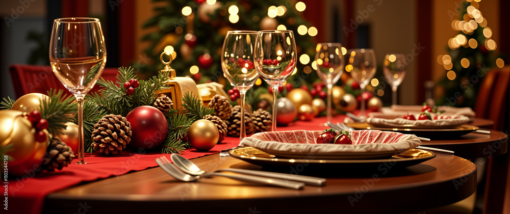 Elegant Christmas Table Setting with Festive Decorations and Wine Glasses. Warm and Cozy Holiday Dinner, Family Gathering Celebration Elegant Christmas Table Setting with Festive Decorations and Wine Glasses. Warm and Cozy Holiday Dinner, Family Gathering Celebration