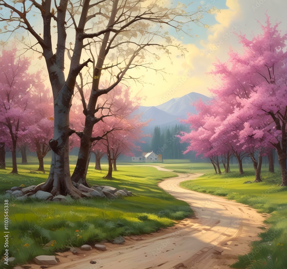 Illustration of gravel road in spring season.