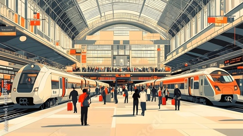 A train station with a red train and a white train