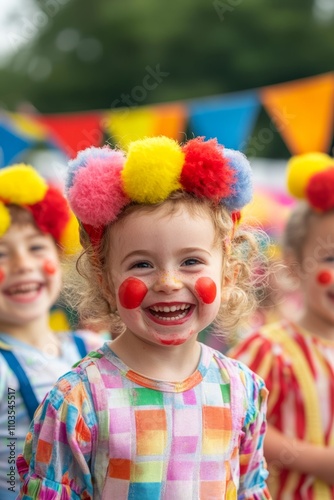 Child dressed as a clown smiling during a carnival photo