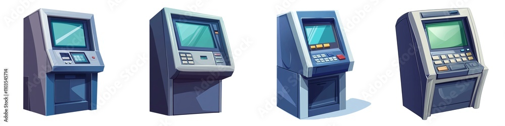 The image features four different styles of ATMs, showcasing various designs and features for dispensing cash and providing banking services. The image features four different styles of ATMs, showcasing various designs and features for dispensing cash and providing banking services.