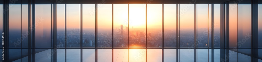 A panoramic view of a city skyline at sunset through large glass windows.