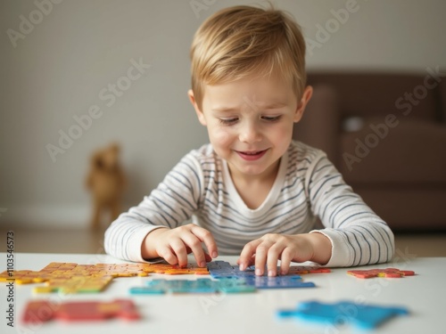 Young Child Engaged in Puzzle Play on a Soft Surface in a Cozy Living Room, Enjoying a Quiet Afternoon Activity