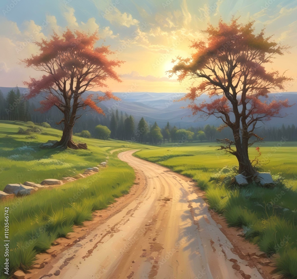 Illustration of gravel road in spring season. Illustration of gravel road in spring season.