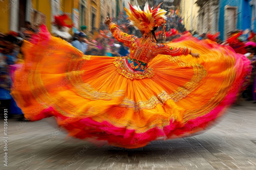 Naklejka premium Dancer in a vibrant orange and pink traditional dress twirling on a busy street
