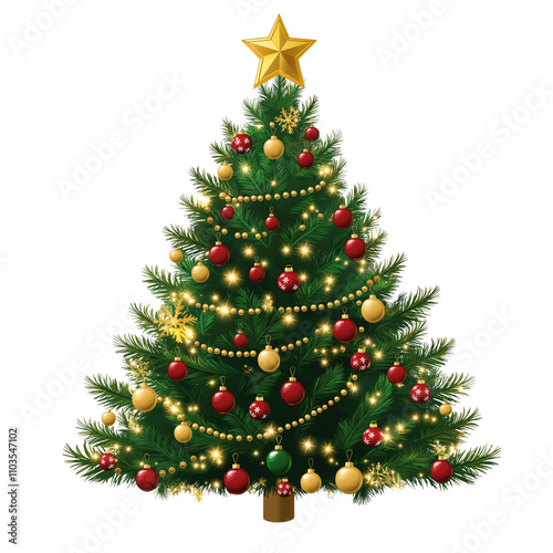 Festive Christmas Tree Illustration with Stars and Baubles, Adorned in Red, Gold, and Green Decorations on a White Background, Perfect for Holiday-Themed Designs and Seasonal Projects.