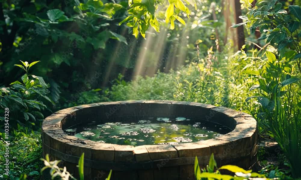 Serene Garden Scene with Sunlight and Rustic Wooden Water Feature Serene Garden Scene with Sunlight and Rustic Wooden Water Feature
