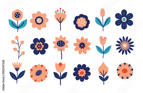 Decorative Abstract Flower Set, Vector Flower Art in White Background, Hand Drawn Wildflower Illustration.