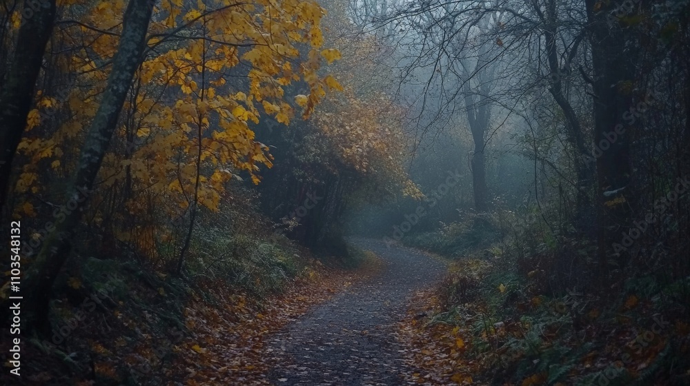 A misty path through an autumn forest with golden leaves and a serene atmosphere invites peaceful walks. A misty path through an autumn forest with golden leaves and a serene atmosphere invites peaceful walks.