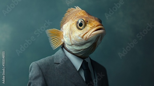 A surreal depiction of a fish with a human body in a suit.