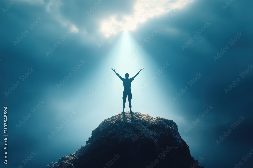 Man stands triumphantly on cliff with arms raised to the sky Man stands triumphantly on cliff with arms raised to the sky