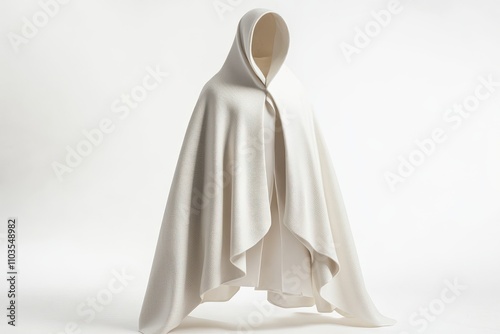 White women's hooded cape on white background, perfect for mockups, branding, and fashion industry marketing