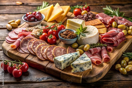 A rustic charcuterie board piled high with cured meats, artisan cheeses