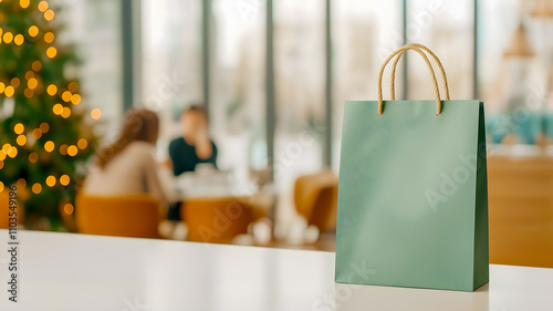 A green shopping bag sits on a table in a caf?, with blurred figures in conversation and a decorated tree in the background, capturing a festive atmosphere