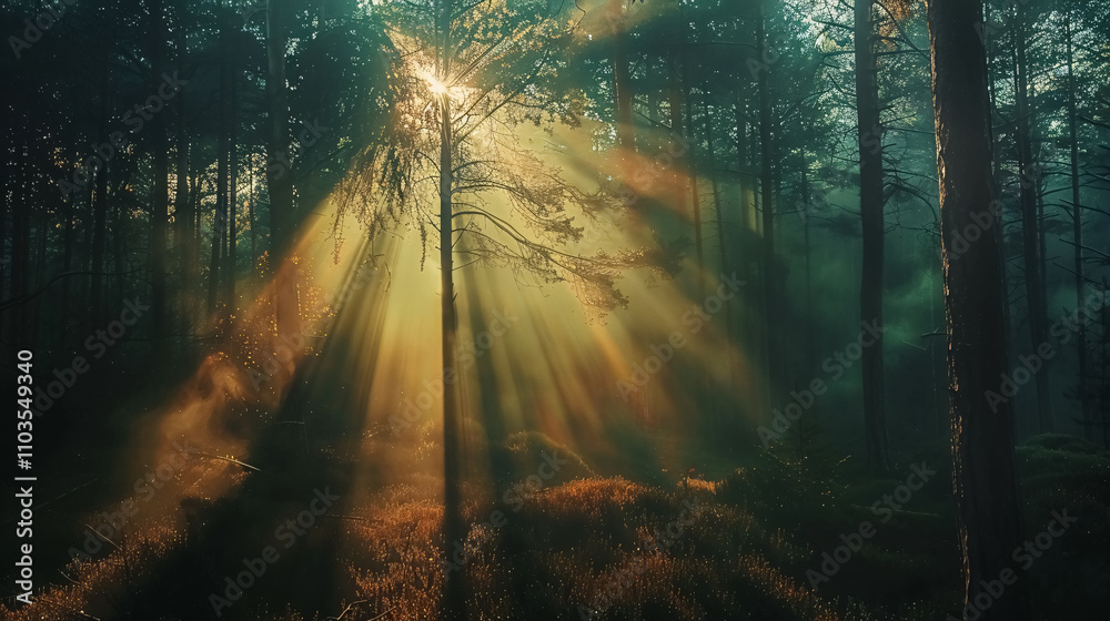 Fototapeta premium Pine forest with sunlight and a mystical forest natural background.