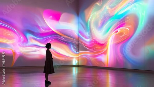Woman Immersed in Colorful Abstract Digital Art Projection at Modern Art Gallery